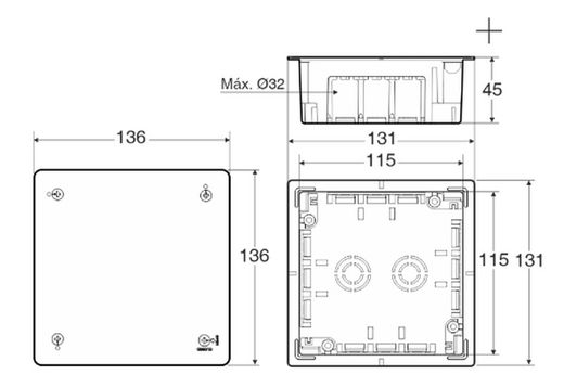 Caja derivación de 105x105x45mm para tabiquería hueca