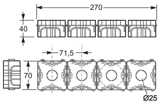 Cajetin universal cuadrado de empotrar para mecanismos  de 70x70x41mm
