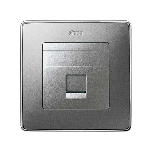 Placa de voz y datos plana con guardapolvo para 1 conector RJ45 AMP® en color aluminio frío Simon 82