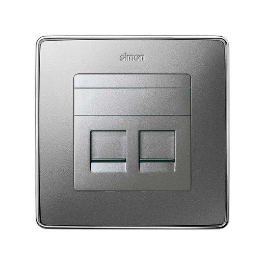 Placa de voz y datos plana con guardapolvo para 2 conectores RJ45 AMP® aluminio frío Simon 82