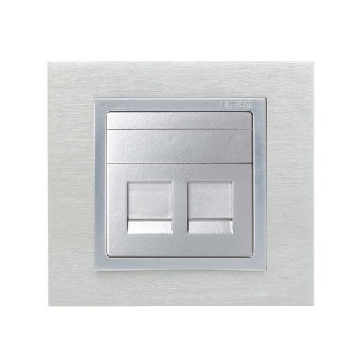 Placa de voz y datos plana con guardapolvo para 2 conectores RJ45 AMP®, en color aluminio Simon 82