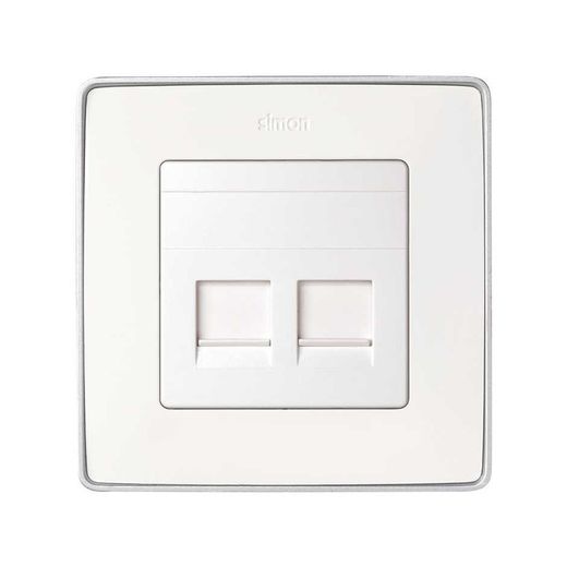 Placa de voz y datos plana con guardapolvo para 2 conectores RJ45 AMP®, en color blanco Simon 82