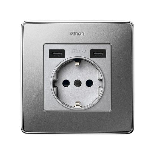 Tapa base enchufe schuko con 2 USB C+C en color aluminio Simon 82