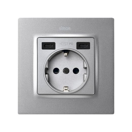 Tapa base enchufe schuko con 2 USB C+C aluminio Simon 82 Concept