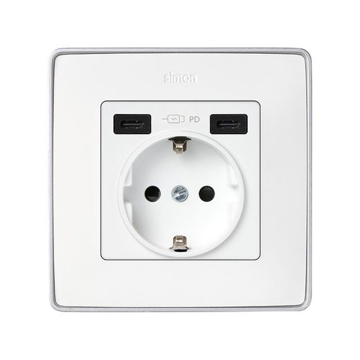 Tapa base enchufe schuko con 2 USB C+C en color blanco Simon 82