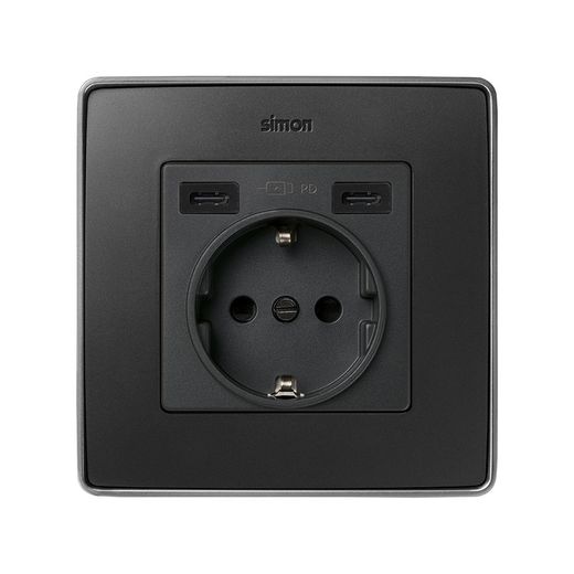 Tapa base enchufe schuko con 2 USB C+C en color grafito Simon 82