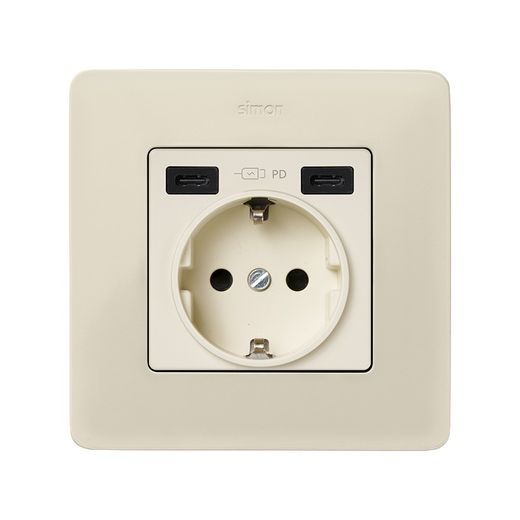 Tapa base enchufe schuko con 2 USB C+C en color marfil Simon 82
