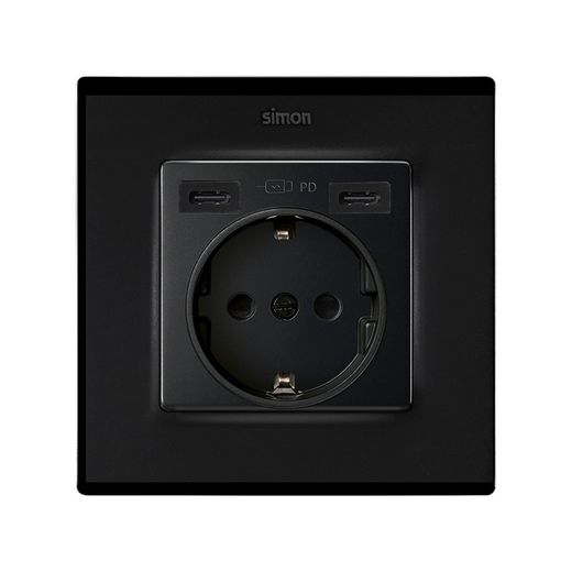 Tapa base enchufe schuko con 2 USB C+C Negro mate Simon 82 Concept