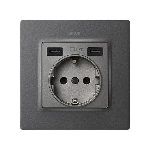Tapa base enchufe schuko con 2 USB C+C Titanio Simon 82 Concept