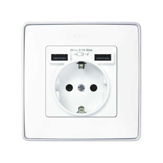 Tapa para la base de enchufe schuko con 2 cargadores USB tipo A 10,5W en color blanco Simon 82