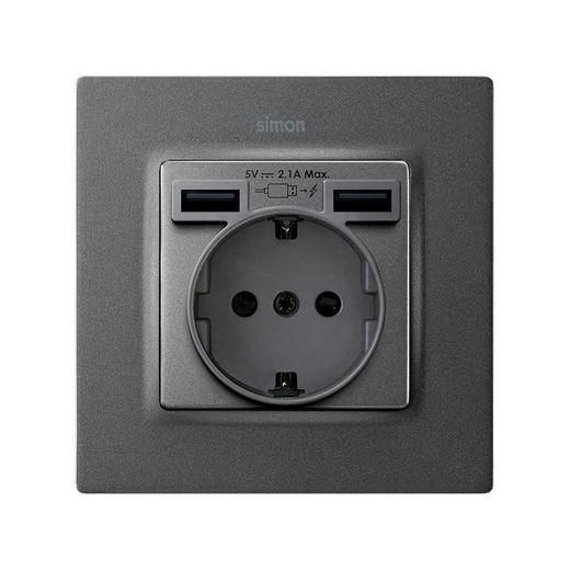 Tapa para la base de enchufe schuko con 2 cargadores USB tipo A 10,5W en color grafito Simon 82