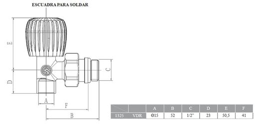 Válvula de radiador manual escuadra 1/2" soldar cobre 15mm